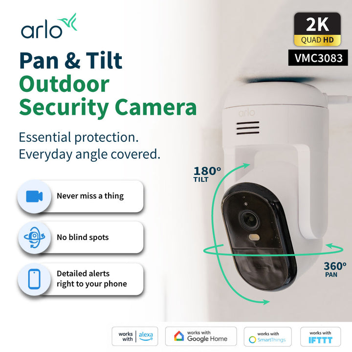 Arlo Essential 3 VMC3083 2K Pan Tilt Outdoor Wired Security Camera With Spotlight