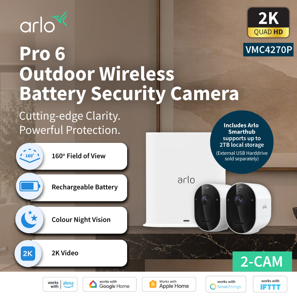 Arlo Pro 6 VMC4270P 2K+ Quad HDR Wireless Battery-Powered Spotlight Outdoor Security Camera with SmartHub (Supports Local Recording) - 2 Cam