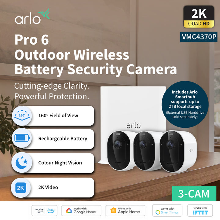 Arlo Pro 6 VMC4370P 2K+ Quad HDR Wireless Battery-Powered Spotlight Outdoor Security Camera with SmartHub (Supports Local Recording) - 3 Cam