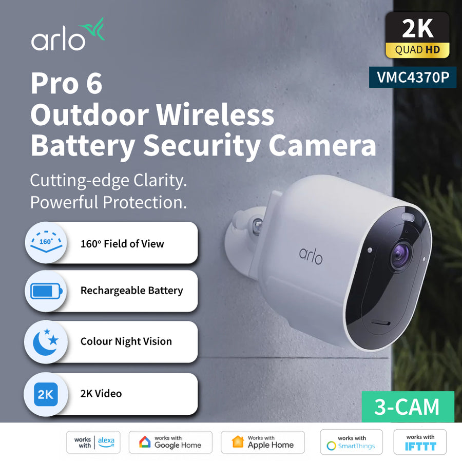 Arlo Pro 6 VMC4370P 2K+ Quad HDR Wireless Dual Band Battery-Powered Spotlight Outdoor Security Camera - 3 Cam