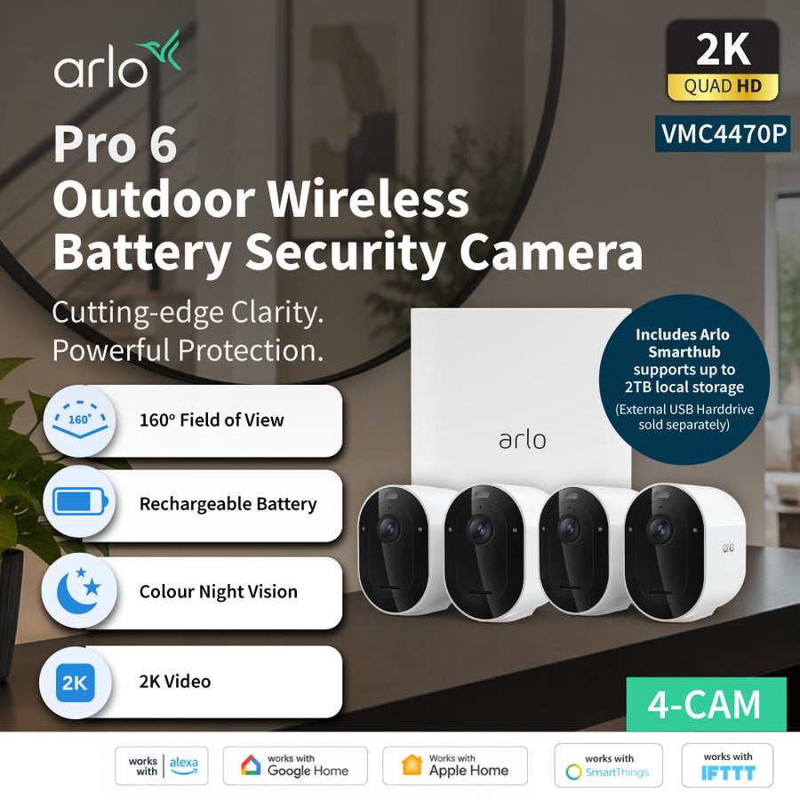 Arlo Pro 6 VMC4470P 2K+ Quad HDR Wireless Battery-Powered Spotlight Outdoor Security Camera with SmartHub (Supports Local Recording) - 4 Cam