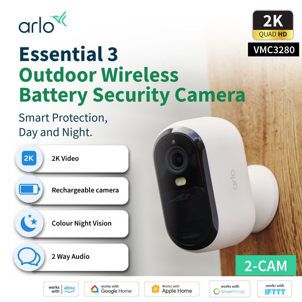 Arlo Essential 3 VMC3280 2K Outdoor Wireless Battery-Powered Security Camera With Spotlight - 2 Camera Pack