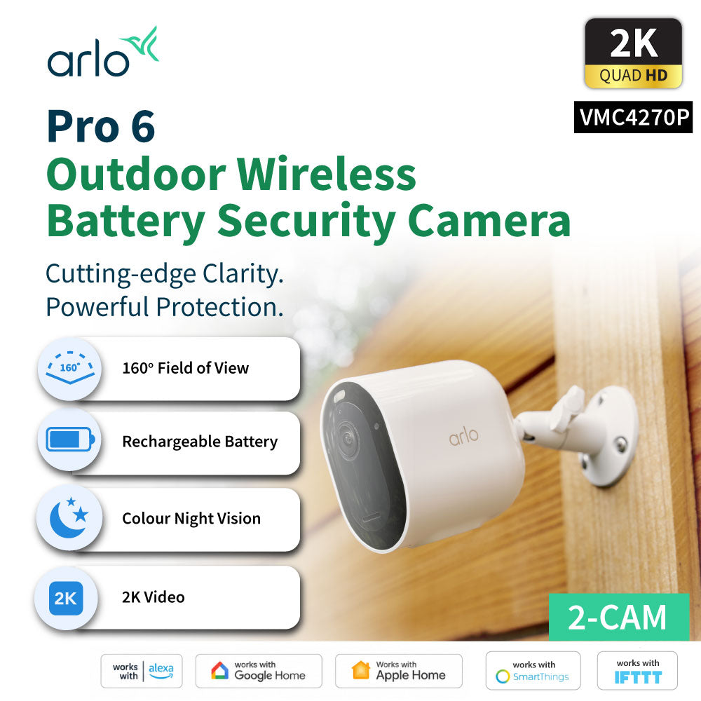 Arlo Pro 6 VMC4270P 2K+ Outdoor Wireless Battery-Powered Security Camera With Spotlight - 2 Camera Pack