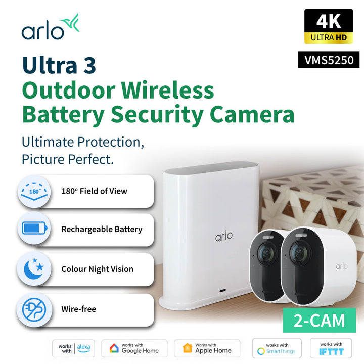 Arlo Ultra 3 VMS5250 4K Outdoor Wireless Battery-Powered Security Camera With Spotlight - 2 Camera Pack