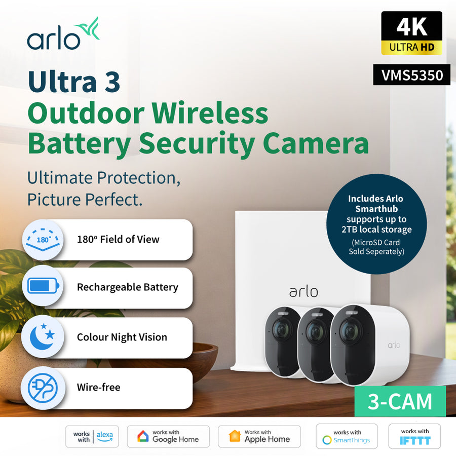 Arlo Ultra 3 VMS5350 4K UHD Wireless Battery-Powered Spotlight Outdoor Security Camera with SmartHub (Supports Local recording) - 3 Cam