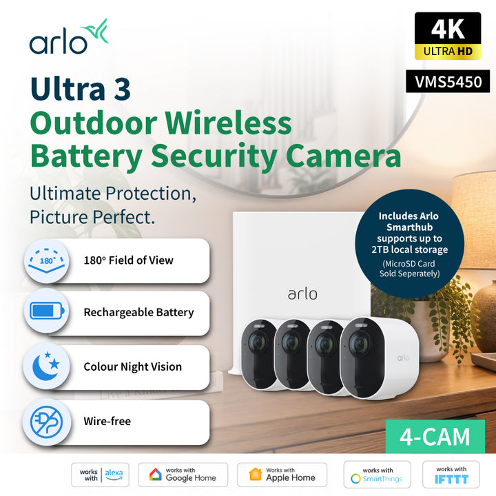 Arlo Ultra 3 VMS5450 4K UHD Wireless Battery-Powered Spotlight Outdoor Security Camera with SmartHub (Supports Local recording) - 4 Cam