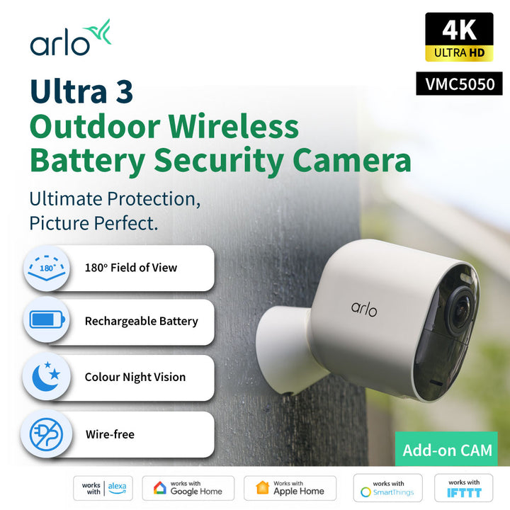 Arlo Ultra 3 VMC5050 4K Outdoor Wireless Battery-Powered Security Camera With Spotlight - Add On Cam